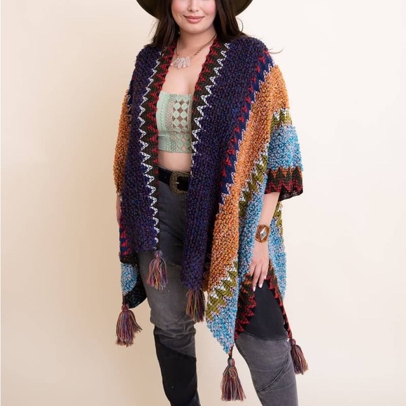 Colorful Crochet Patterned Ruana in Indigo - Picture 10 of 14